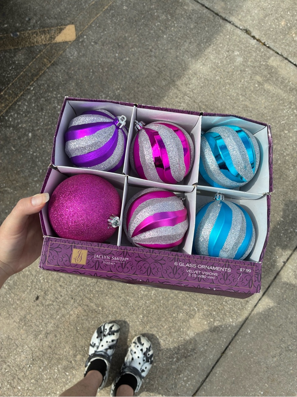 Jaclyn Smith Pink, Purple & Aqua Blue Glitter Stripe Glass Ornaments Set